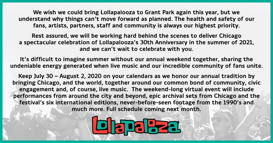 Lollapalooza 2020 cancellation
